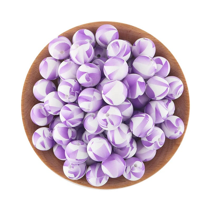 15mm Purple‑White Swirl Marbled Silicone Round Beads