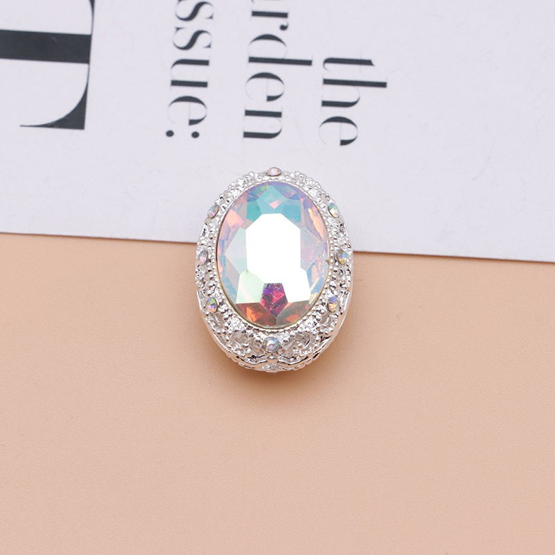 Bright Silver & Gun‑Black Metal Beads with Large Shiny Delicate Hollow Oval Rhinestone Inside,About 12×10mm