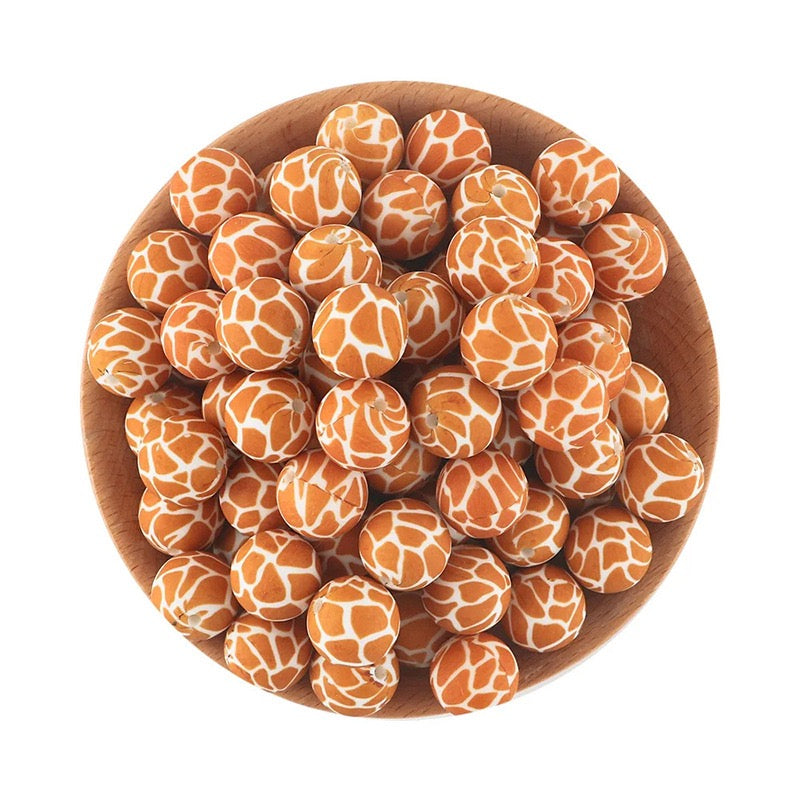 15mm Orange‑White Giraffe Print Silicone Round Beads