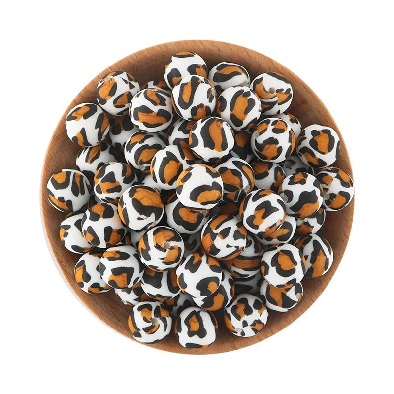 15mm Black‑Orange Leopard Print Silicone Round Beads
