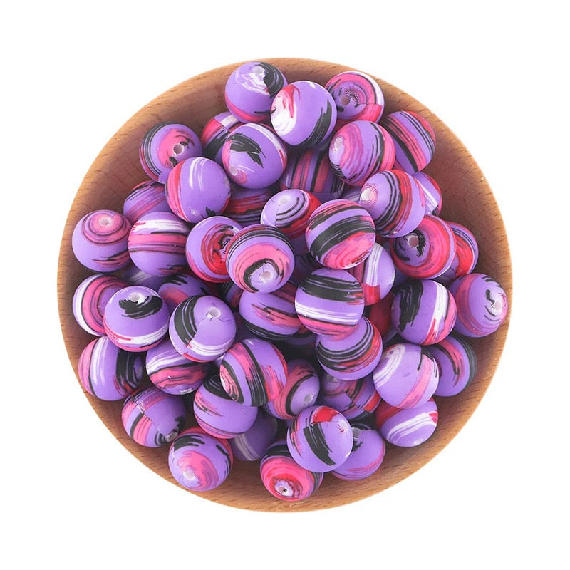 15mm Purple‑Pink‑Black Swirl Marbled Silicone Round Beads