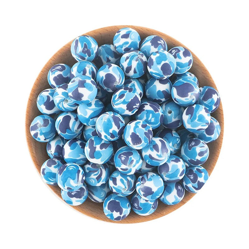 15mm Blue‑White Marbled Swirl Silicone Round Beads