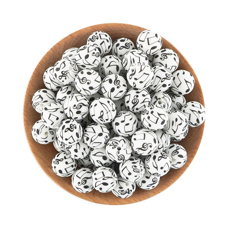 15mm Black‑White Music Note Printed Silicone Round Beads