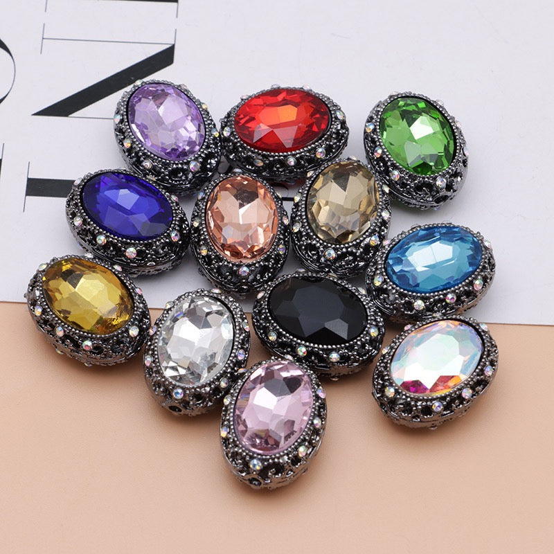 Bright Silver & Gun‑Black Metal Beads with Large Shiny Delicate Hollow Oval Rhinestone Inside,About 12×10mm