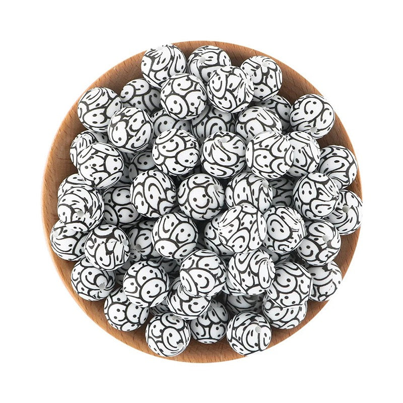 15mm Black‑White Smiley Face Printed Silicone Round Beads