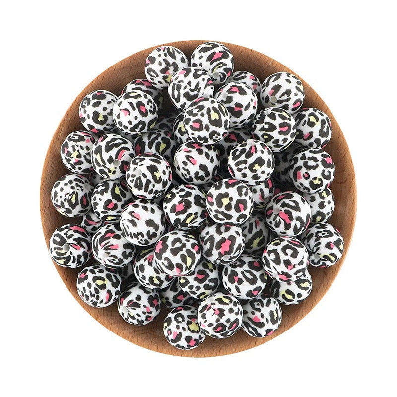 Pink‑Green Leopard Print Silicone Round Beads,15MM