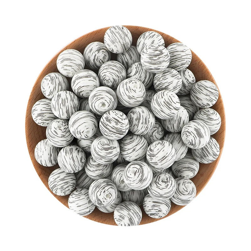 White‑Base Black Line Wood‑Grain Silicone Round Beads,15MM