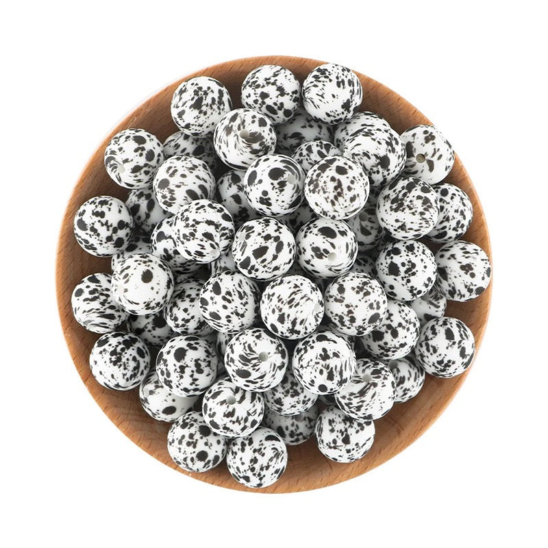 Black‑White Ink‑Spot Printed Silicone Round Beads,15MM