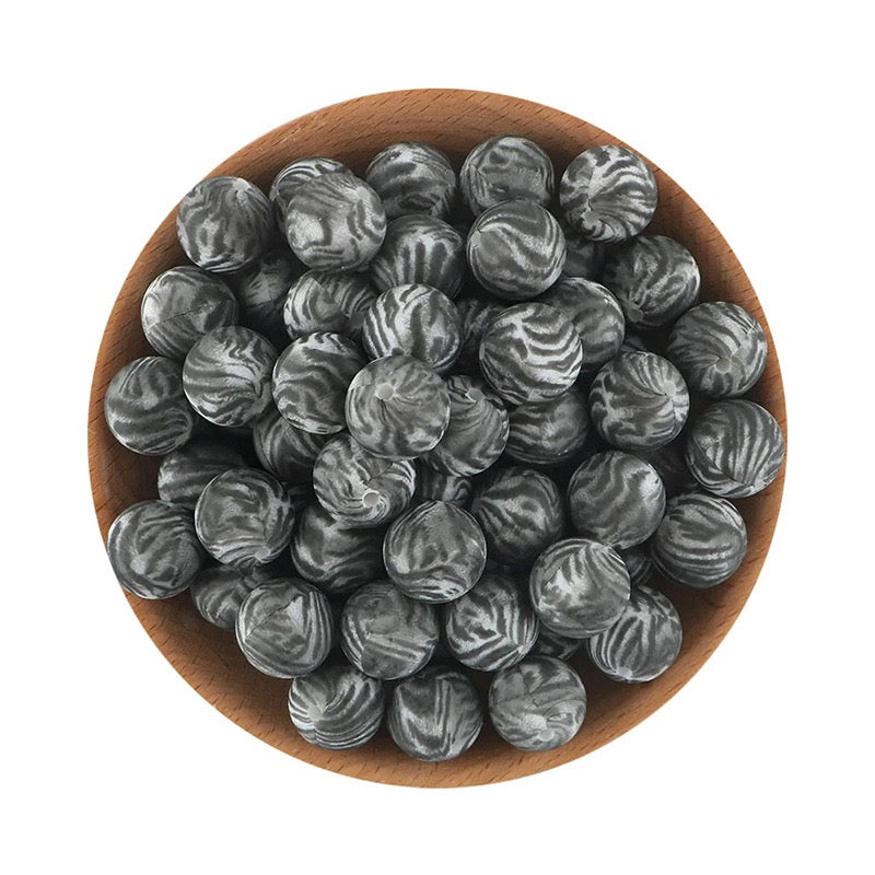 Grey‑Black Tiger Stripe Silicone Round Beads,15MM