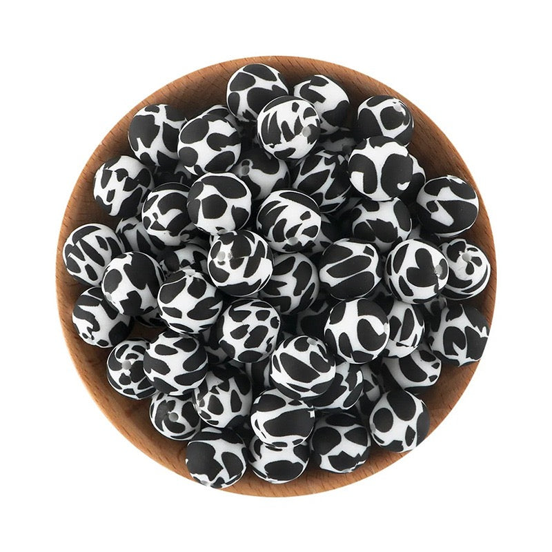 Black‑Base White Cow Spot Printed Silicone Round Beads,15MM