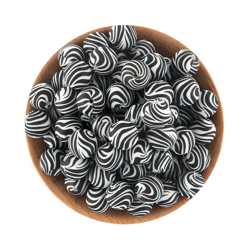 Black‑White Zebra Stripe Silicone Round Beads,15MM