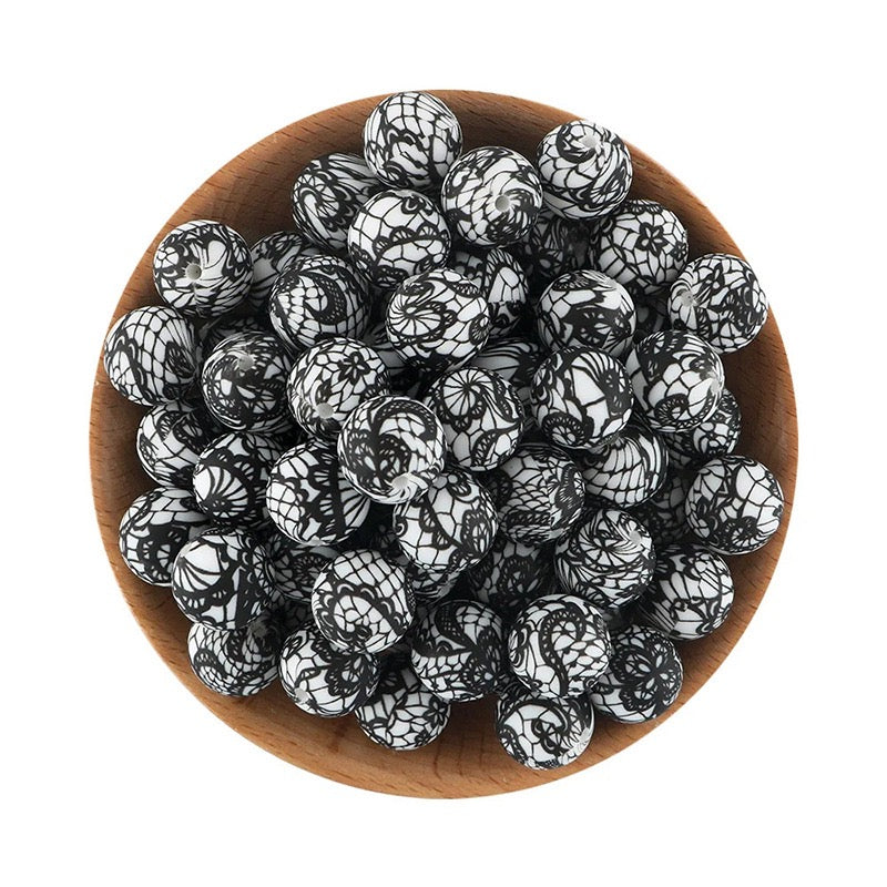 Black‑White Lace Floral Printed Silicone Round Beads,15MM