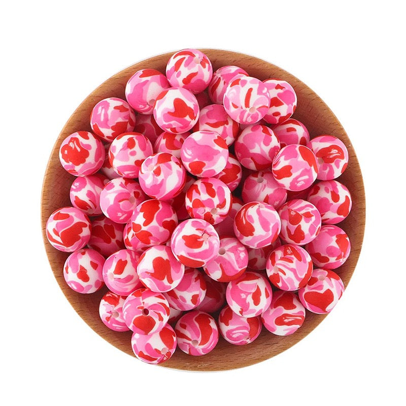 Pink‑Red Heart Pattern Silicone Round Beads,15MM