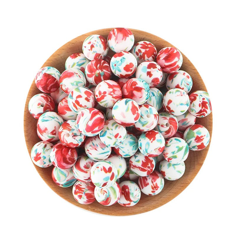 15mm Hawaiian Hibiscus Flower Printed Silicone Beads