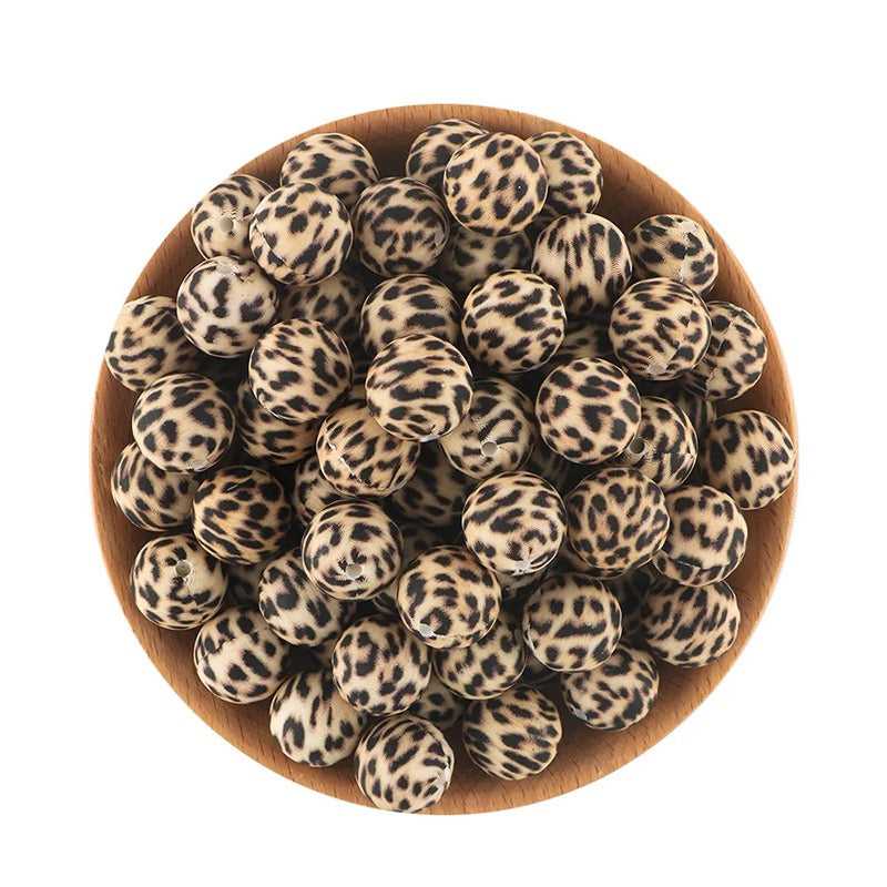 15mm Beige Leopard Print Silicone Round Beads