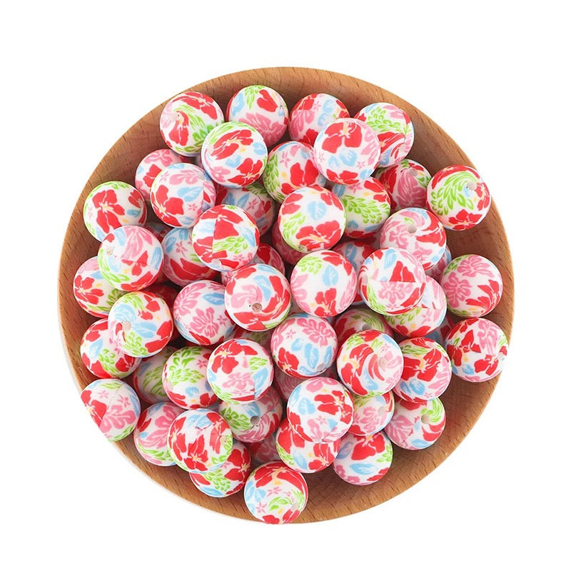 15mm Tropical Flowers Printed Silicone Round Beads