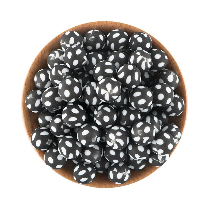 15mm Black Base White Polka Dot Silicone Round Beads