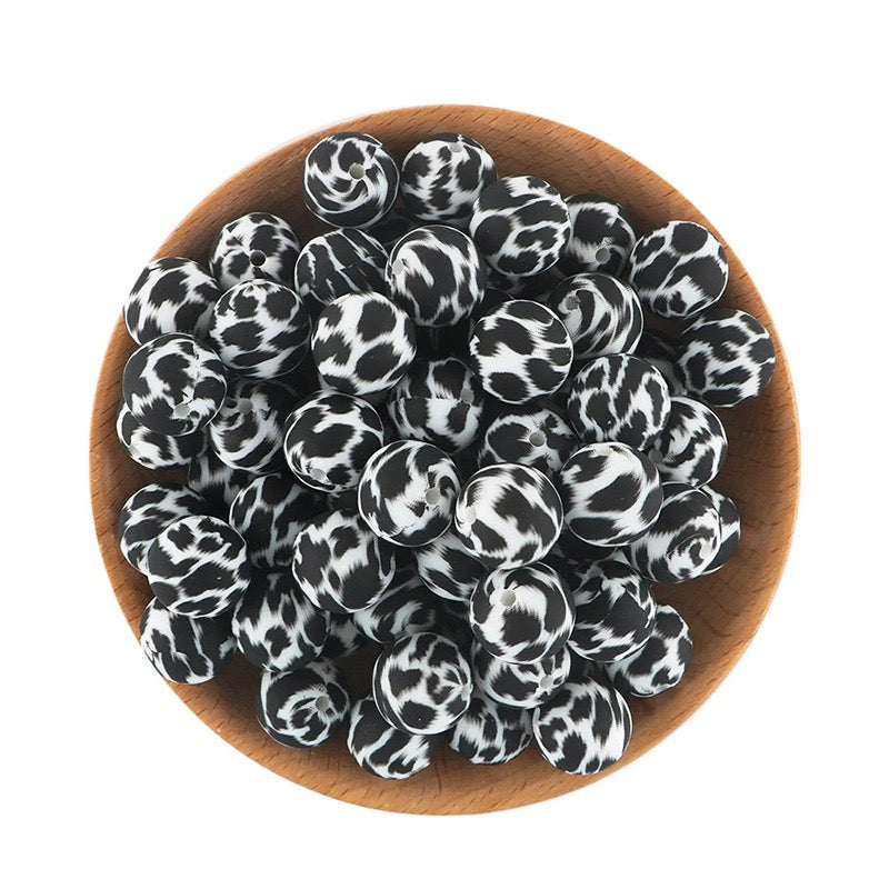 15mm Black‑White Cow Print Silicone Round Beads