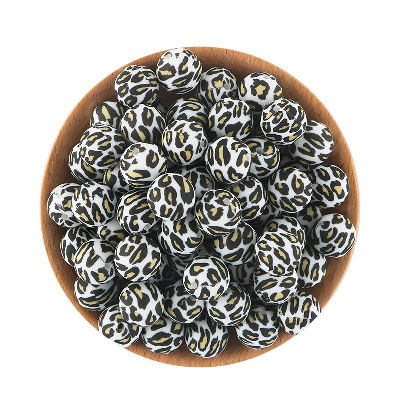 15mm White‑Base Gold Black Leopard Print Silicone Round Beads