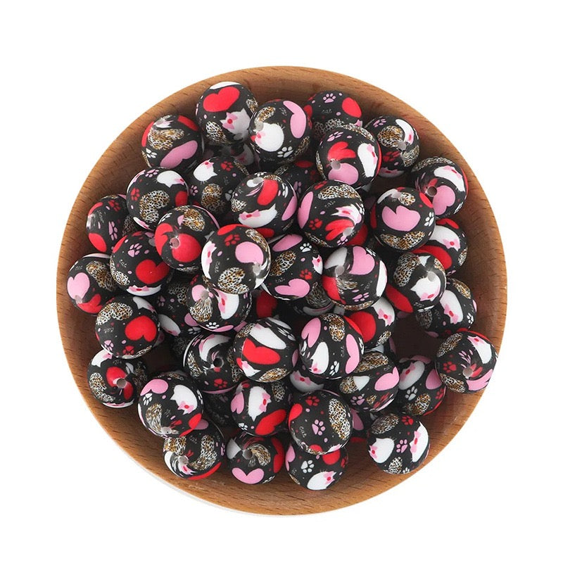 15mm Black Base Heart & Flower Printed Silicone Round Beads