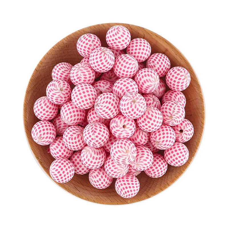 15mm White Base Pink Small Polka Dot Silicone Round Beads