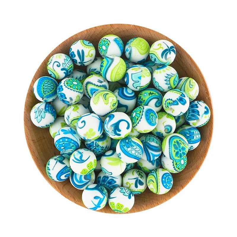 15mm Teal Blue Ethnic Paisley Pattern Silicone Round Beads
