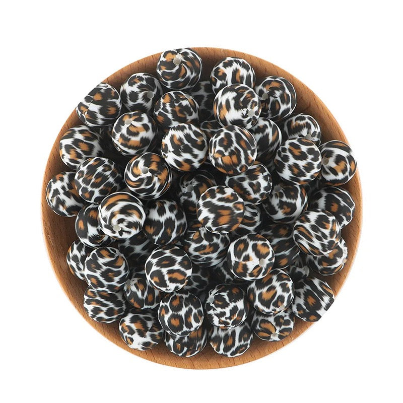 15mm Brown‑White Tiger Print Silicone Round Beads