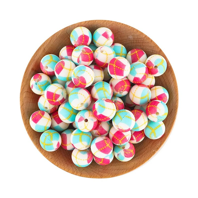 15mm Macaron Color Plaid Pattern Silicone Round Beads