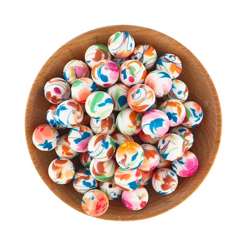 15mm Multicolor Swirl Marbled Silicone Round Beads