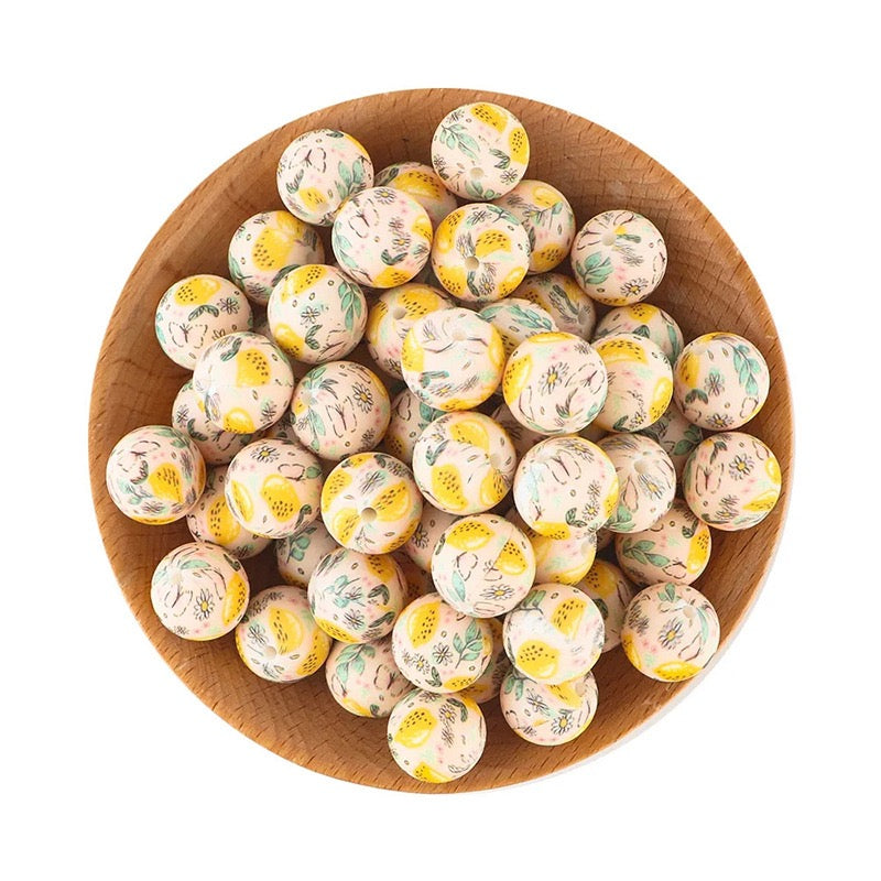 Lemon Flower Print Silicone Round Beads,15MM