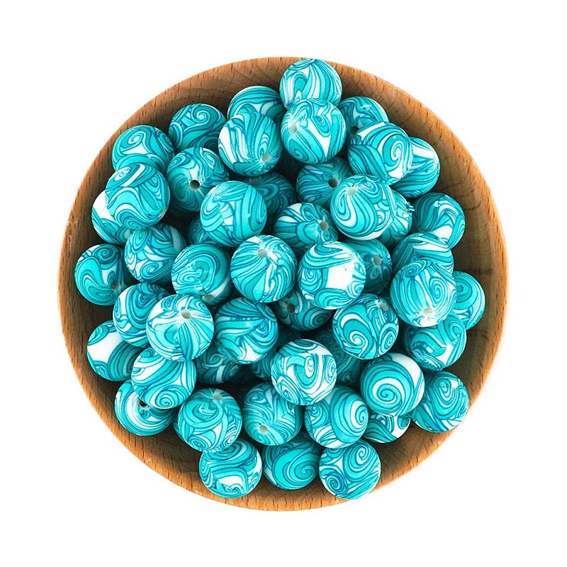 Teal Swirl Marble Pattern Silicone Round Beads,15MM