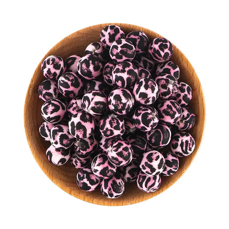 Pink Purple Cow Print Silicone Round Beads,15mm