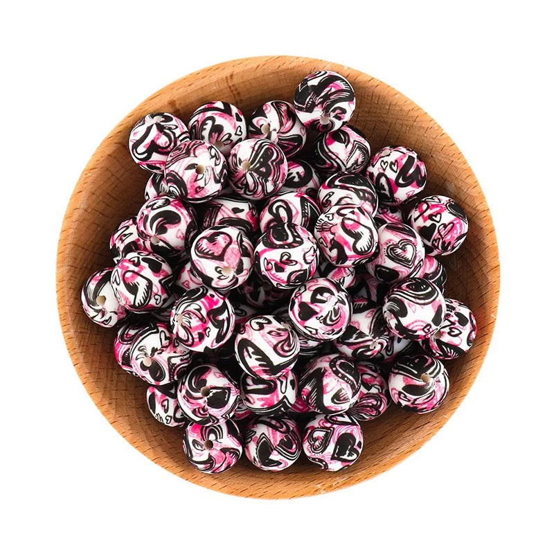 Pink Black Graffiti Heart Print Silicone Round Beads,15MM
