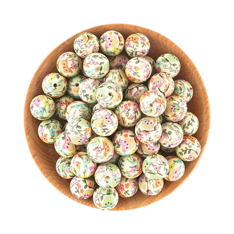 Vintage Colorful Floral Print Silicone Round Beads,15MM