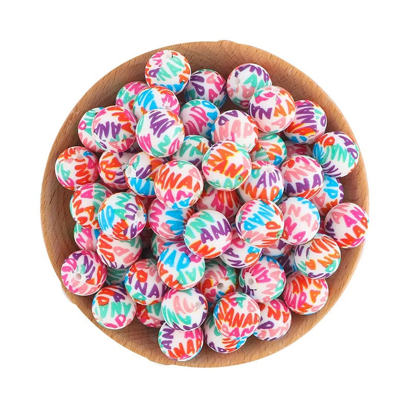 Colorful Graffiti Letter Print Silicone Round Beads,15MM