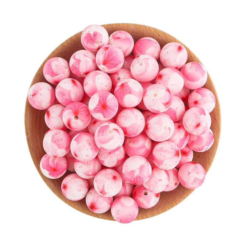 Pink Cherry Blossom Flower Print Silicone Round Beads,15mm