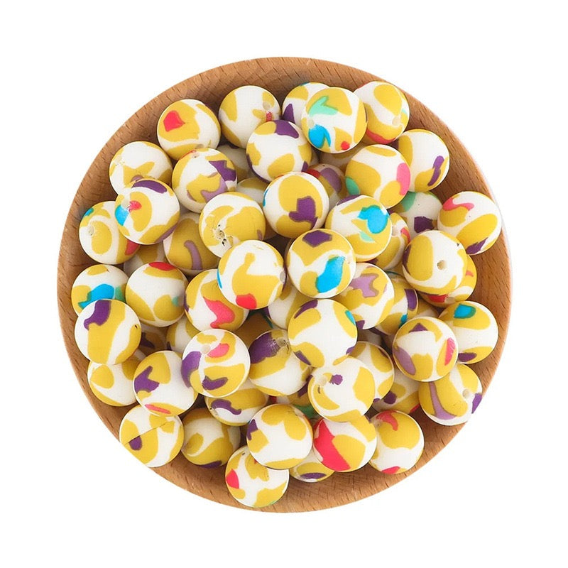 Yellow Base Multicolor Block Print Silicone Round Beads,15mm