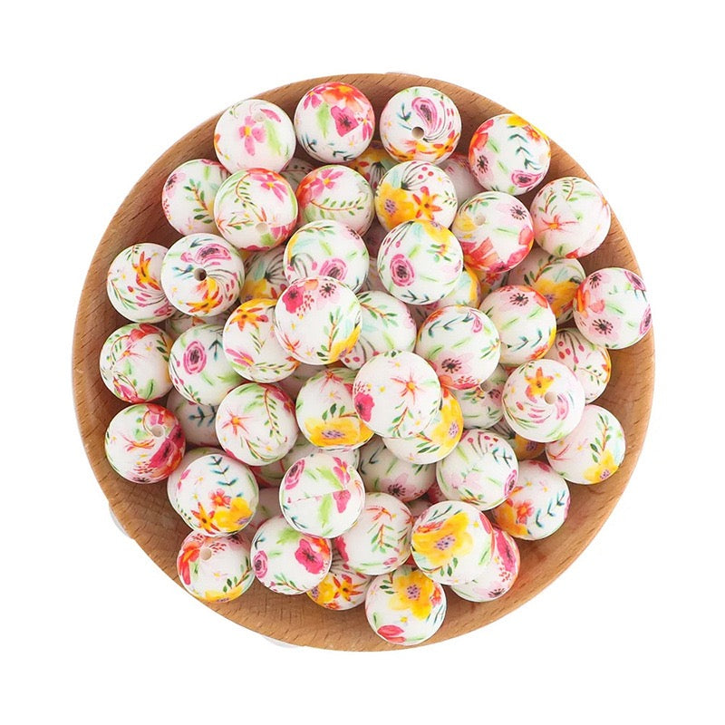 Watercolor Fresh Flower Print Silicone Round Beads