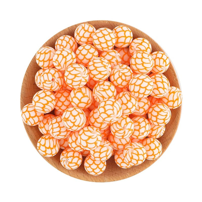 Orange Grid Fruit Print Silicone Round Beads,15MM