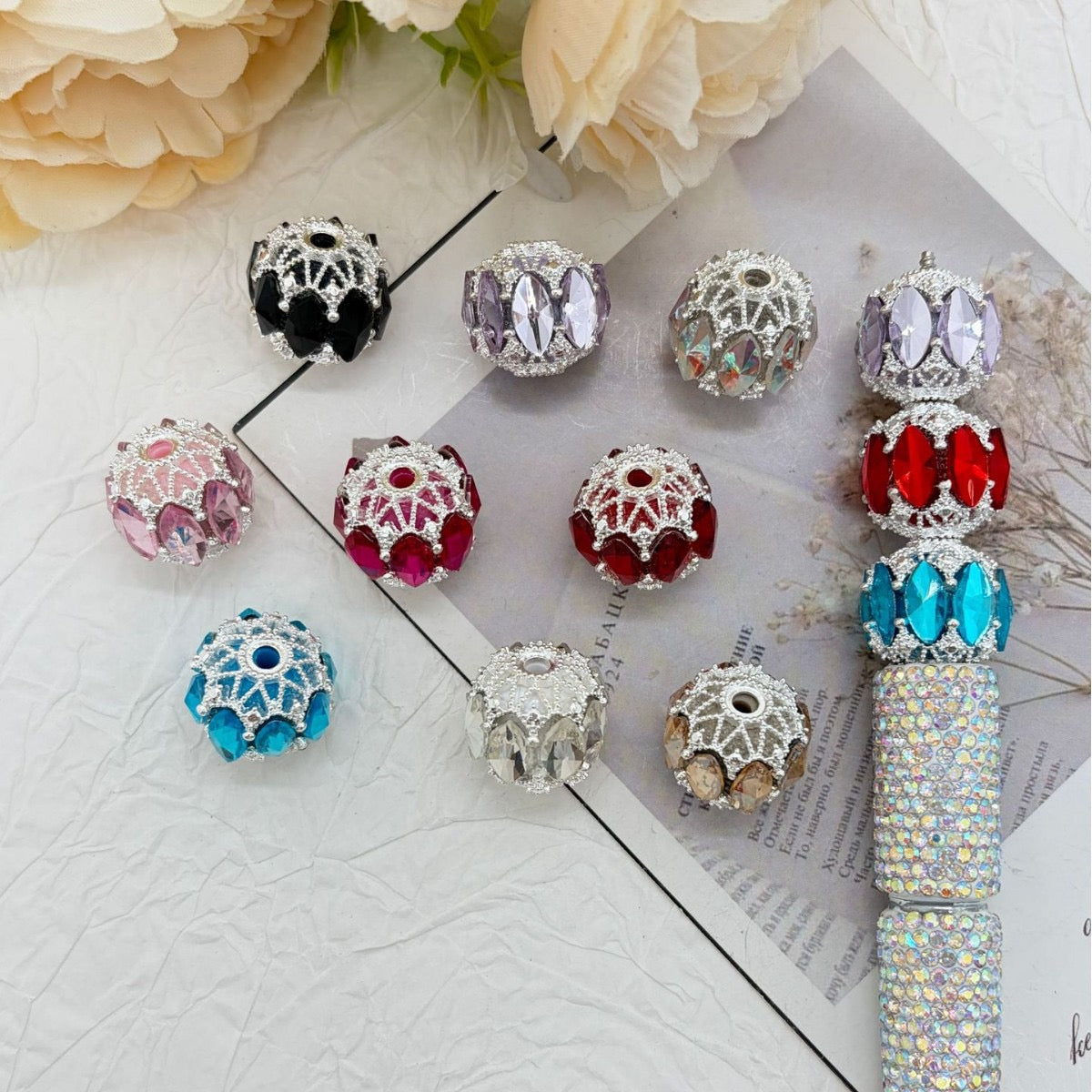 Fancy Acrylic Beads Crown Openwork with Marquise Rhinestones, Multi-Color