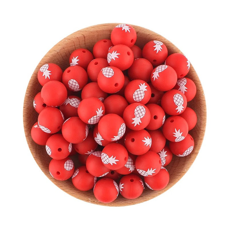 Red Base with Pineapple Fruit Print Silicone Round Beads,15MM