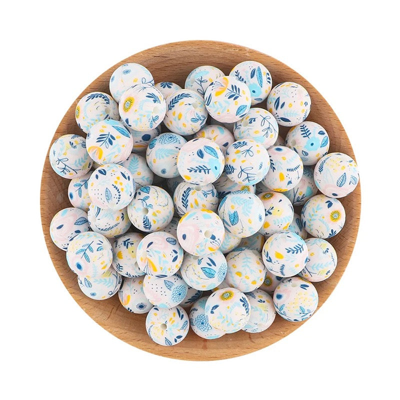 Blue‑Yellow Fresh Leaf Flower Print Silicone Round Beads,15MM