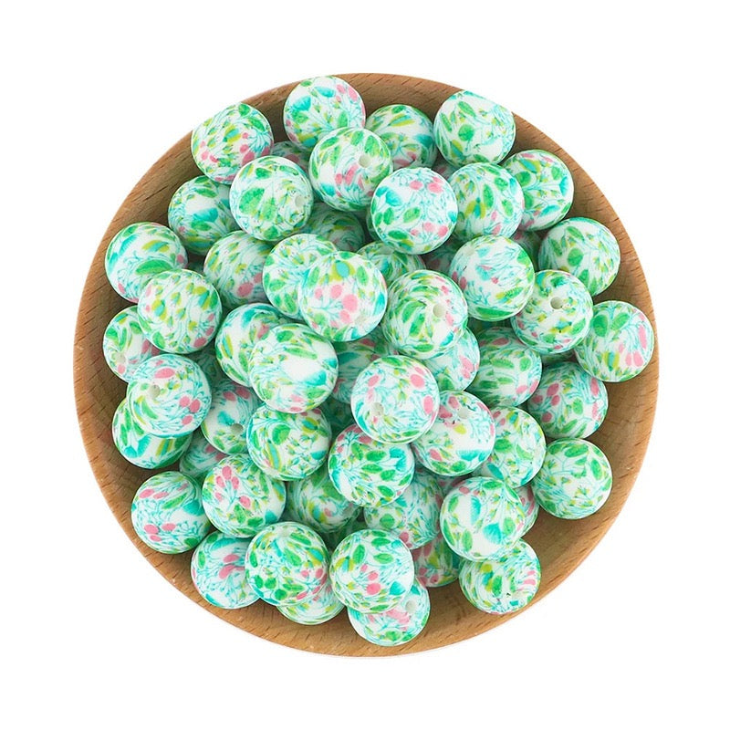 Green‑Pink Tiny Floral Print Silicone Round Beads,15mm