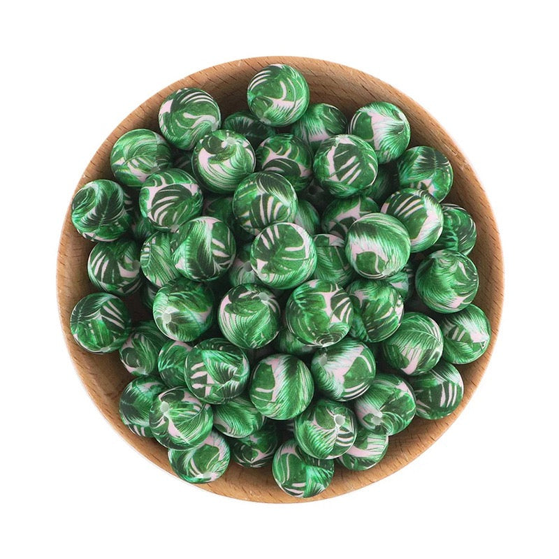 Green Tropical Leaf Print Silicone Round Beads,15MM