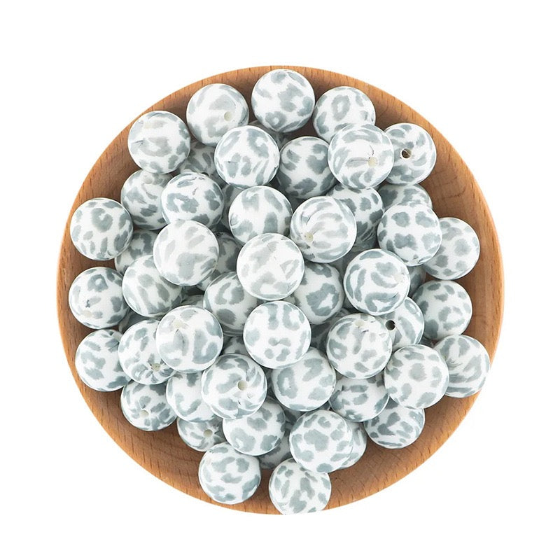 Grey‑White Leopard Print Silicone Round Beads,15mm