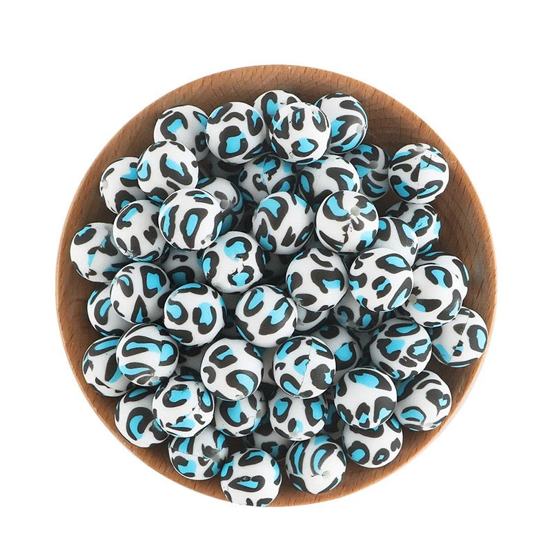 Blue‑Black Leopard Print Silicone Round Beads,15mm