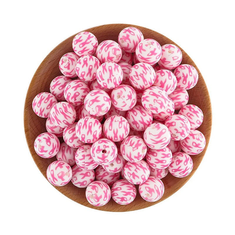 Pink Ribbon Awareness Printed Silicone Beads,15mm