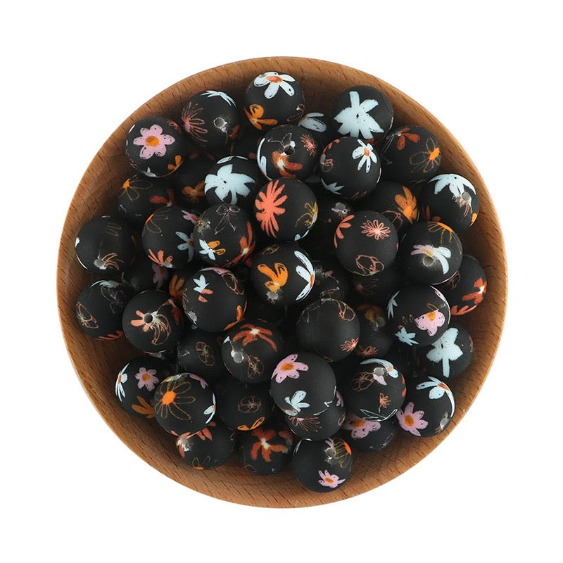 Black Base Colorful Small Floral Print Silicone Round Beads,15MM