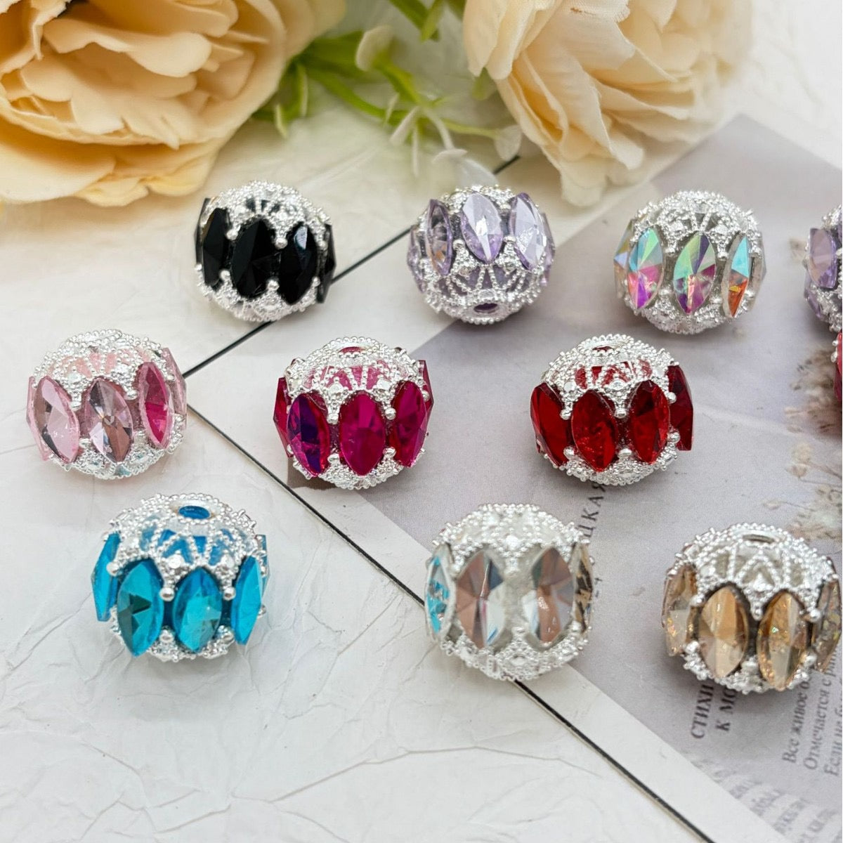 Fancy Acrylic Beads Crown Openwork with Marquise Rhinestones, Multi-Color