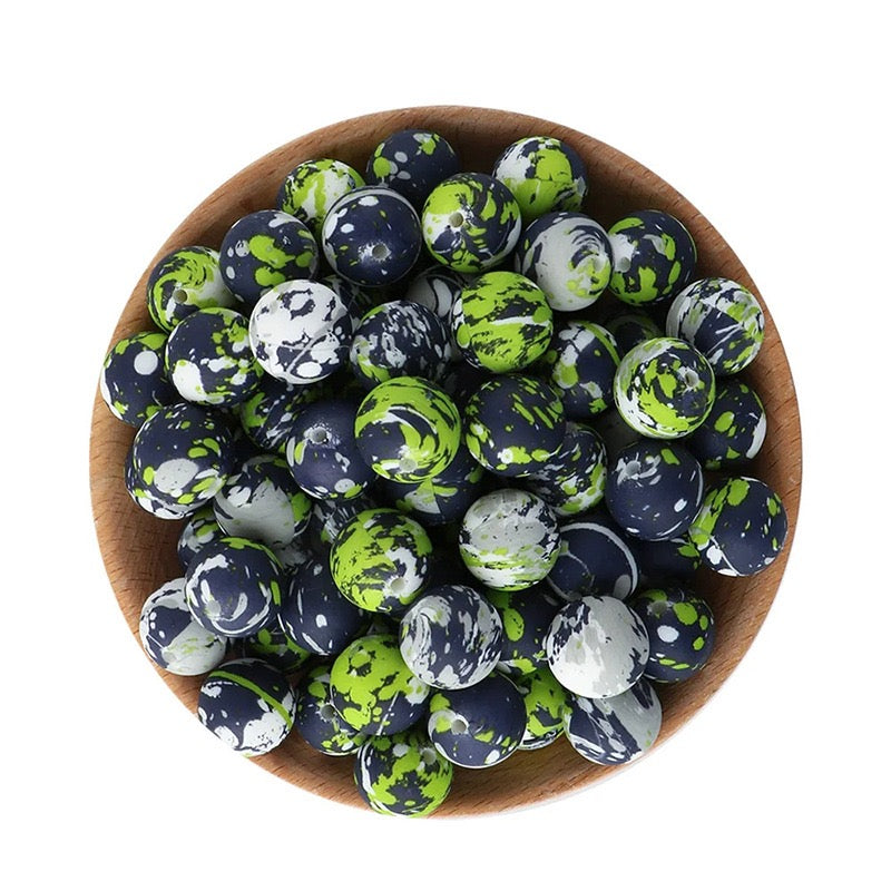 Navy Green Camo Print Round Silicone Beads,15mm